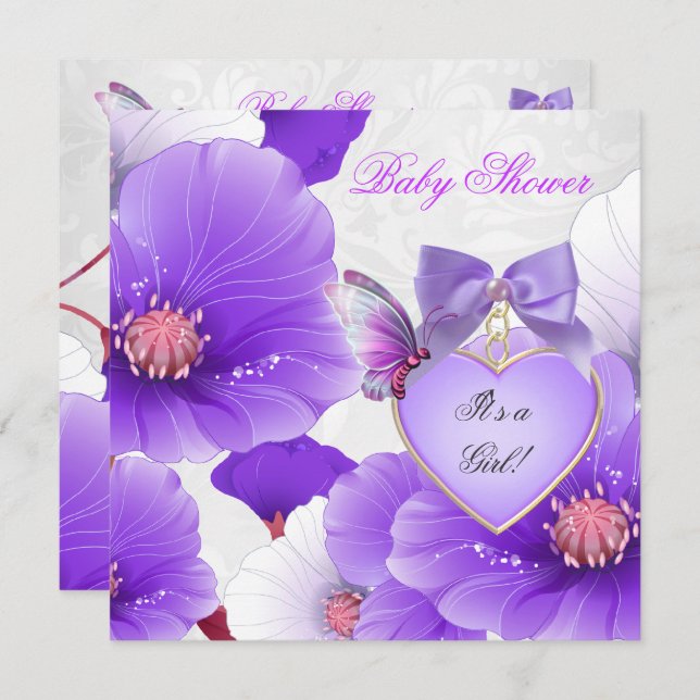 Baby Shower Rosa Lila Butterfly Blommigt 2 Inbjudningar (Fram/baksida)