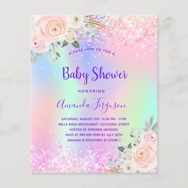 Baby Shower rosa lila glitter blommig budget Flygblad (Framsidan)