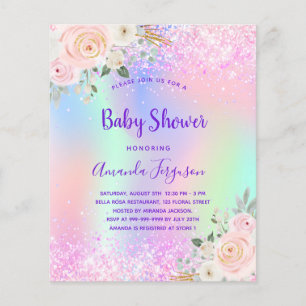 Baby Shower rosa lila glitter blommig budget Flygblad