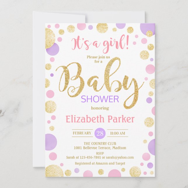 Baby Shower - Rosa Lila Guld Dots Inbjudningar (Framsida)