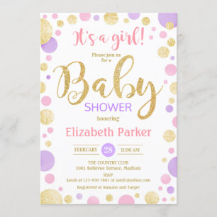 Baby Shower - Rosa Lila Guld Dots Inbjudningar