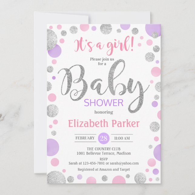 Baby Shower - Rosa Lila Silver Dots Inbjudningar (Framsida)