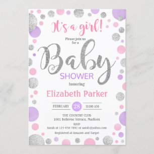 Baby Shower - Rosa Lila Silver Dots Inbjudningar