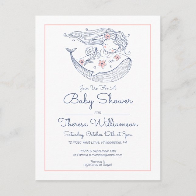 Baby Shower | Rosa Liten Flicka Siren Inbjudan (Framsida)