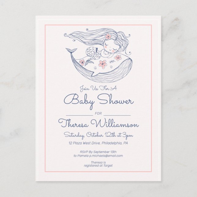 Baby Shower | Rosa Liten Flicka Sjöröding Vykort (Framsida)