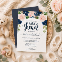 Baby Shower Rosa Marin Blommig Inbjudan