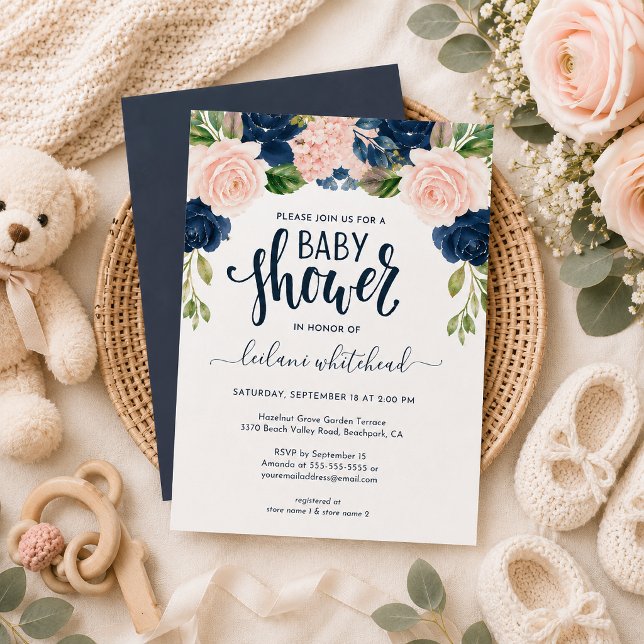 Baby Shower Rosa Marin Blommig Inbjudan (Invite guests in elegant style with this navy blue and blush pink floral baby shower invitation.)