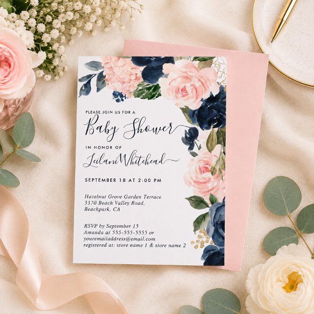 Baby Shower Rosa Marin Blommig Kaskad Inbjudningar (Cascading watercolor pink navy floral baby shower invitation )