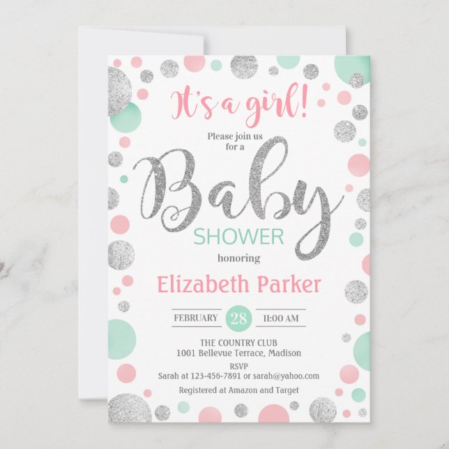 Baby Shower - Rosa Mint Silver Dots Inbjudningar (Framsida)