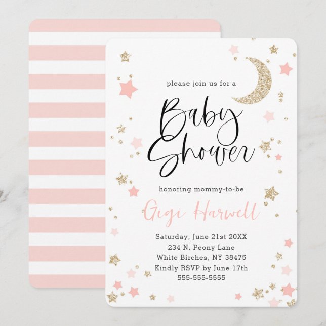 Baby Shower Rosa och Guld Glitter Twinkle Star Inbjudningar (Fram/baksida)