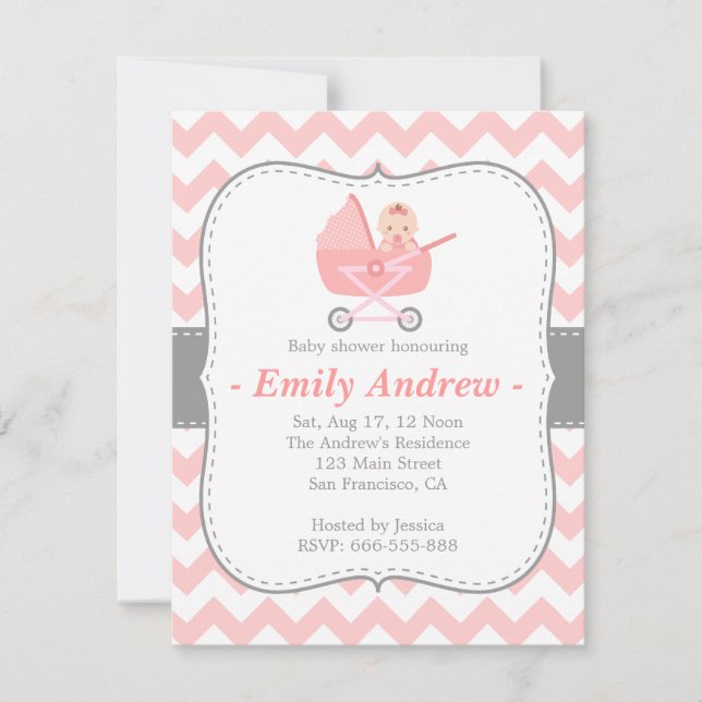 Baby Shower - Rosa och vit chevron med barnvagn Inbjudningar (Framsida)