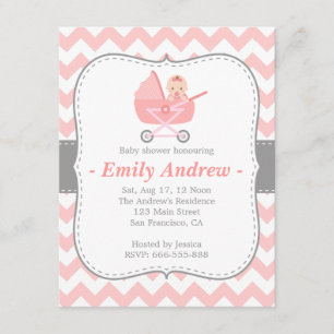 Baby Shower - Rosa och vit chevron med barnvagn Inbjudningar