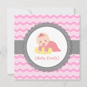 Baby Shower - Rosa och vita chevron, Babyflicka Inbjudningar