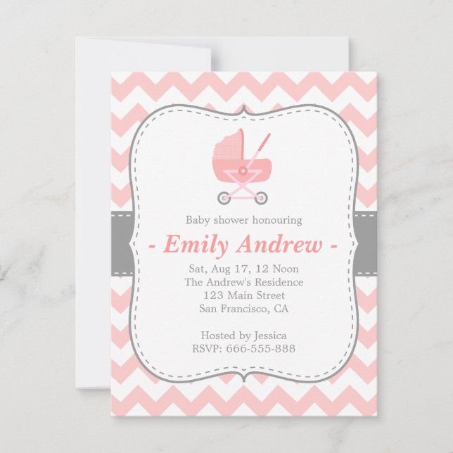 Baby Shower - Rosa och vita chevron med barnvagn Inbjudningar (Framsida)