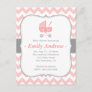 Baby Shower - Rosa och vita chevron med barnvagn Inbjudningar