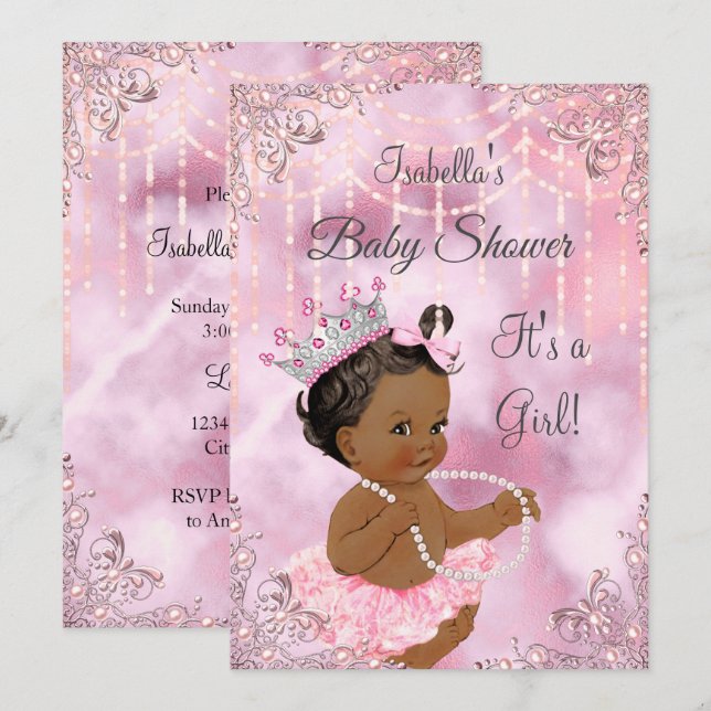 Baby Shower Rosa Pearl African American Inbjudningar (Fram/baksida)