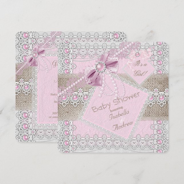 Baby Shower Rosa Pearl Bow Snöre Burlap 2 Inbjudningar (Fram/baksida)