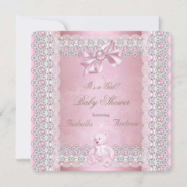 Baby Shower Rosa Pearl Bow Snöre Damask Inbjudningar (Framsida)
