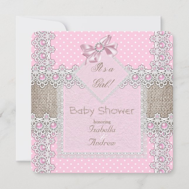 Baby Shower Rosa Pearl Bow Snöre Polka dots Inbjudningar (Framsida)