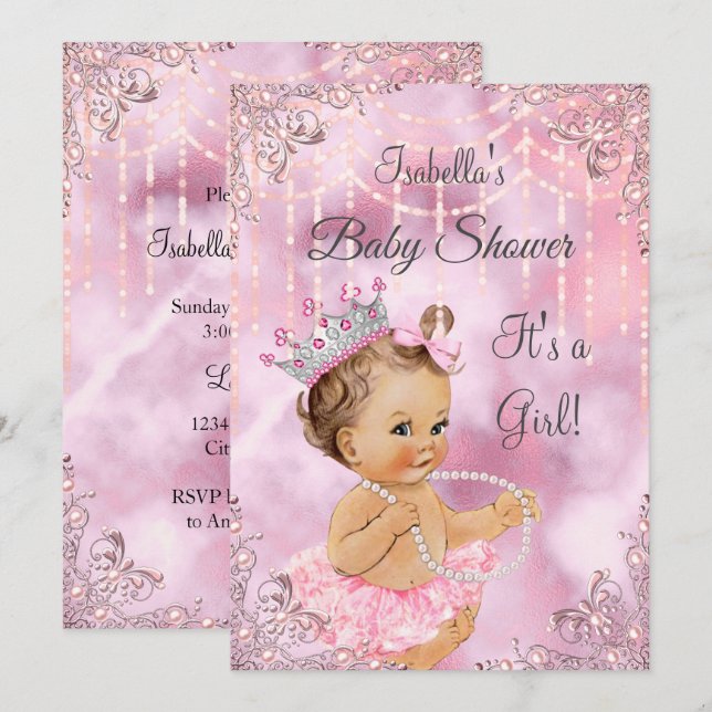 Baby Shower Rosa Pearl Brunette Inbjudningar (Fram/baksida)