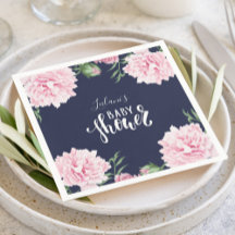 Baby Shower Rosa Peony Blommigt Navy Blue