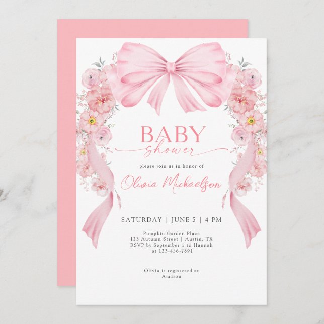 Baby Shower Rosa Ribbon Bow Coquette Flowers Baby  Inbjudningar (Fram/baksida)