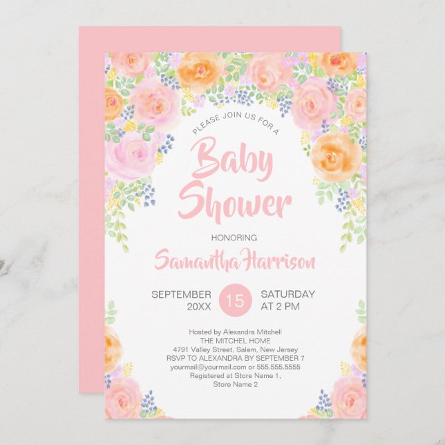 Baby Shower Rosa ros Watercolor Blommigt Girly Inbjudningar (Fram/baksida)