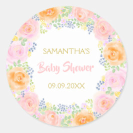 Baby Shower Rosa ros Watercolor Blommigt Girly Runt Klistermärke