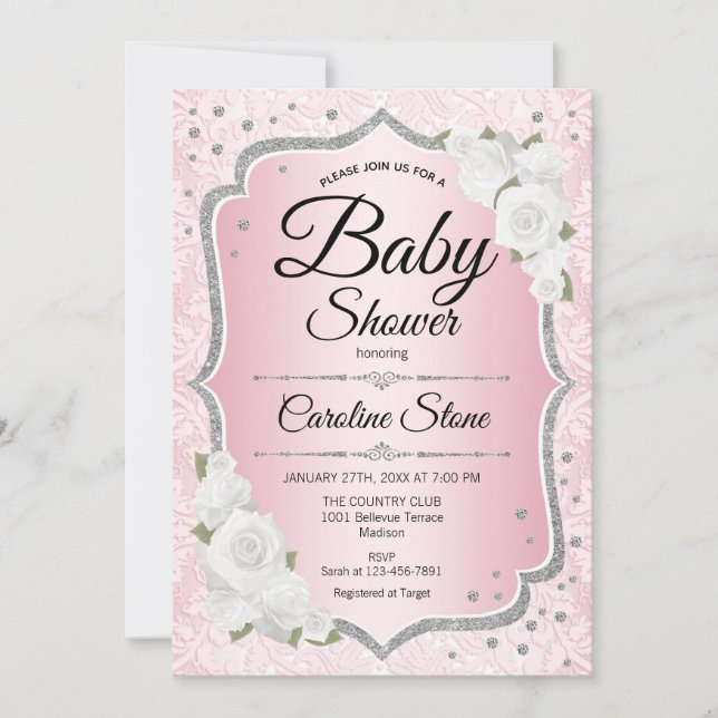 Baby Shower - Rosa Silver White Inbjudningar (Framsida)