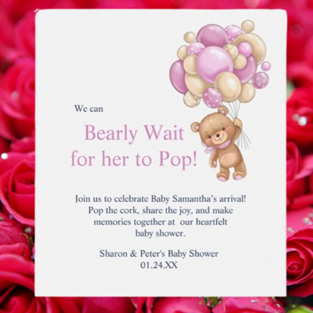 baby shower rosa teddy vinflaska etikett (Make your baby shower unforgettable with a charming  pink teddy wine label.)
