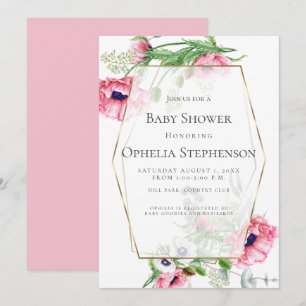 BABY SHOWER Rosa Vattenfärgspopies Inbjudningar