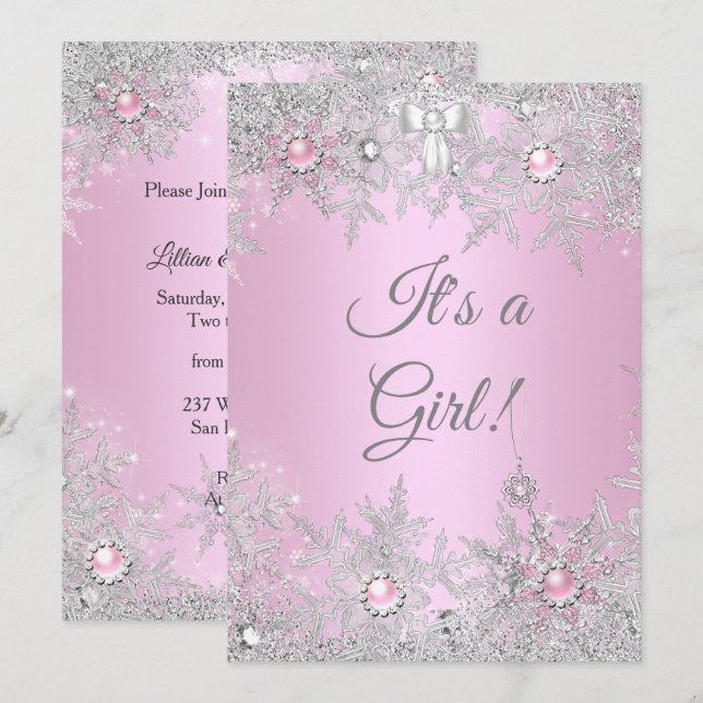 Baby Shower Rosa Winter Wonder Land Inbjudningar (Fram/baksida)
