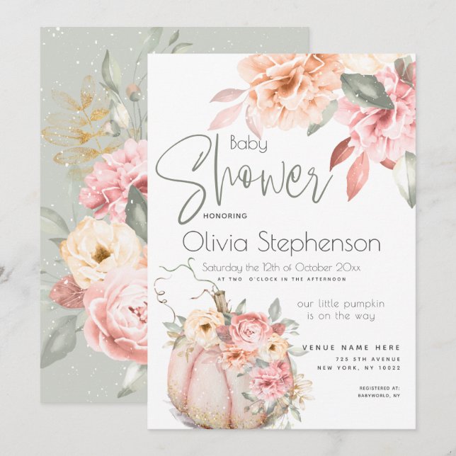 Baby Shower Rosakorall Pumpa Peony Blommig Inbjudningar (Fram/baksida)