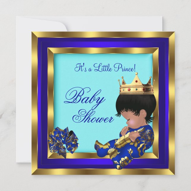 Baby Shower Royal Blue Guld Boy krona Prince 2 Inbjudningar (Framsida)