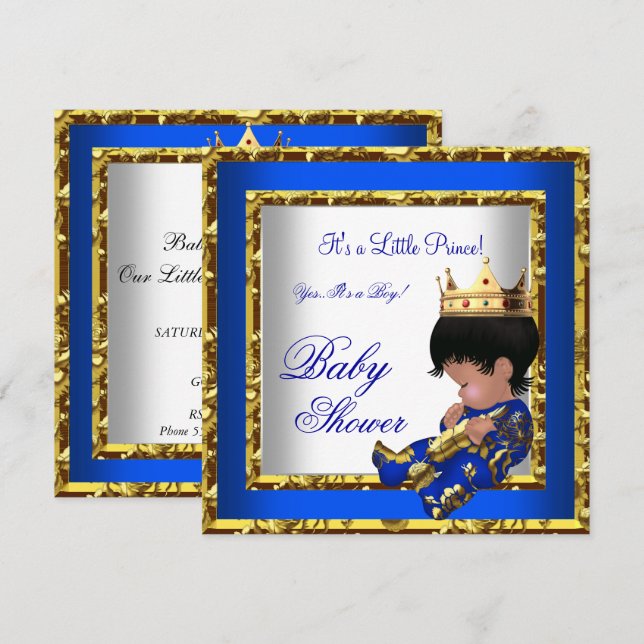 Baby Shower Royal Blue Guld Boy krona Prince 2 Inbjudningar (Fram/baksida)