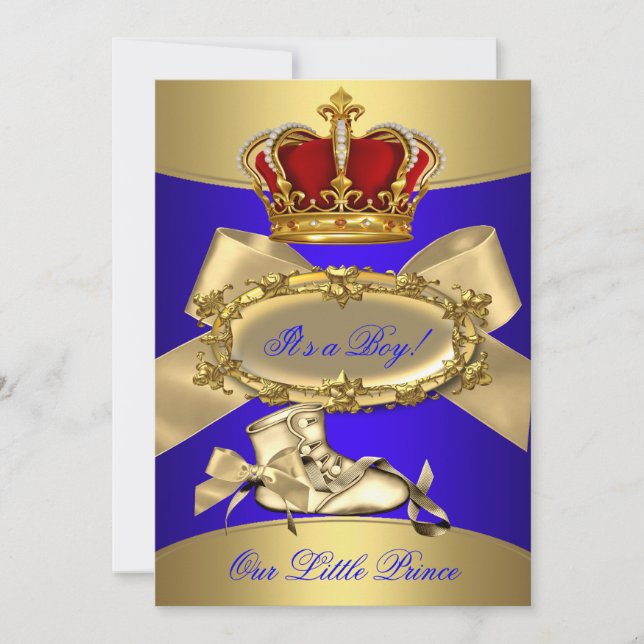 Baby Shower Royal Blue Guld Boy krona Prince Inbjudningar (Framsida)