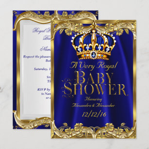 Baby Shower Royal Blue Navy Gold Krona Inbjudningar
