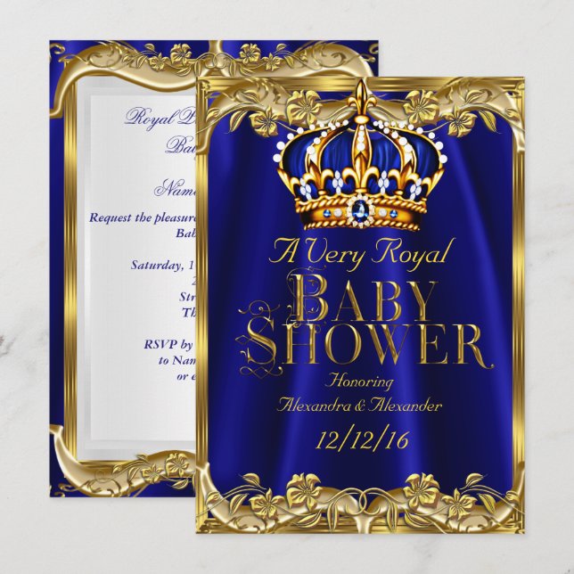 Baby Shower Royal Blue Navy Gold Krona Inbjudningar (Fram/baksida)