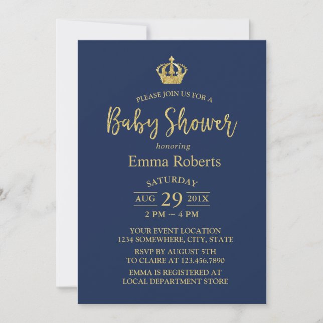 Baby Shower Royal Guld Krona Elegant Navy Blue Inbjudningar (Framsida)