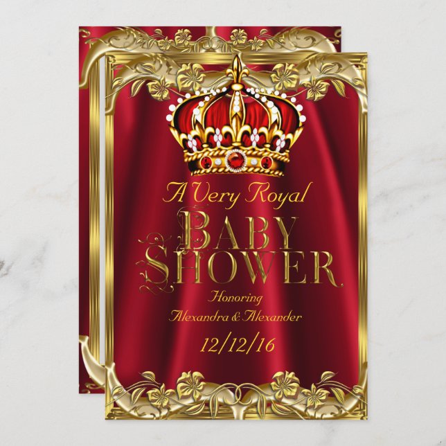 Baby Shower Royal Regal Red Guld Krona Inbjudningar (Fram/baksida)