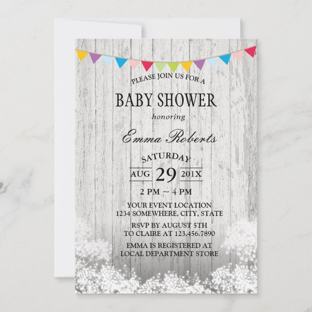Baby Shower Rustic Baby's Band White Wood Inbjudningar (Framsida)