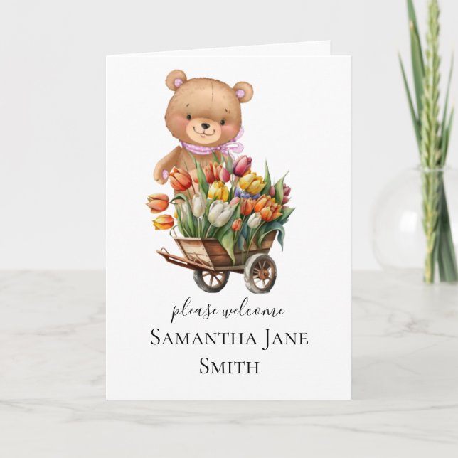 Baby Shower Rustic Blommigt Girl Teddy Card Kort (Framsida)