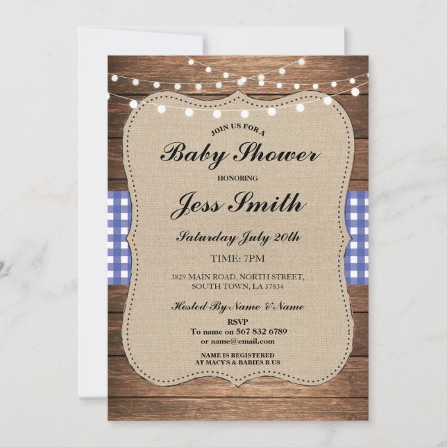 Baby Shower Rustic Burlap Blue Wood BBQ Inbjudan (Framsida)