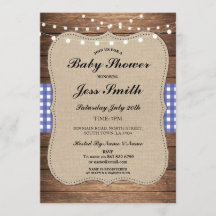 Baby Shower Rustic Burlap Blue Wood BBQ Inbjudan
