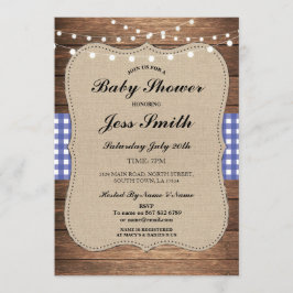 Baby Shower Rustic Burlap Blue Wood BBQ Inbjudan