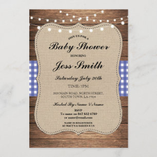 Baby Shower Rustic Burlap Blue Wood BBQ Inbjudan