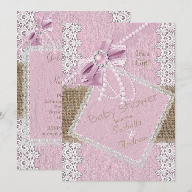 Baby Shower Rustic Rosa Bow Pearl Snöre Burlap Inbjudningar (Fram/baksida)