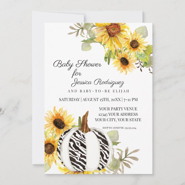 Baby Shower Rustic Solros Blommigt Zebra Pumpkin Inbjudningar (Framsida)