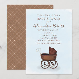 Baby Shower Rustic Watercolor Boy Blue Carriage Inbjudningar