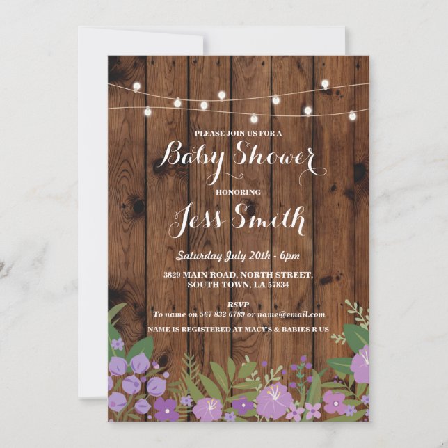 Baby Shower Rustic Wood Lila Blommigt Party Inbjud Inbjudningar (Framsida)